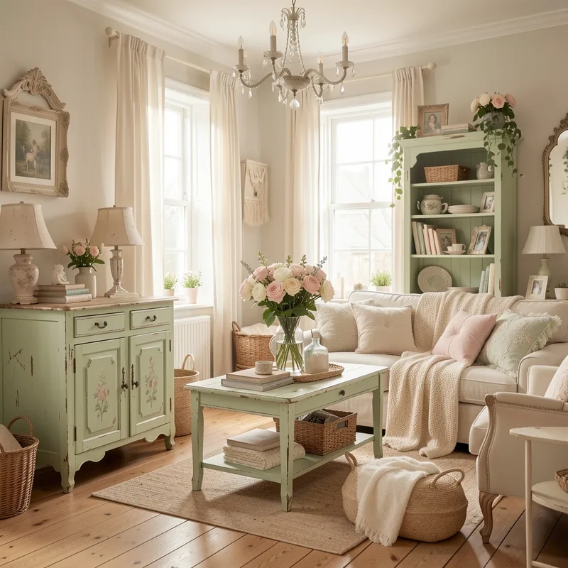 Intérieur shabby chic aux tons clairs avec meuble patiné et objets chinés